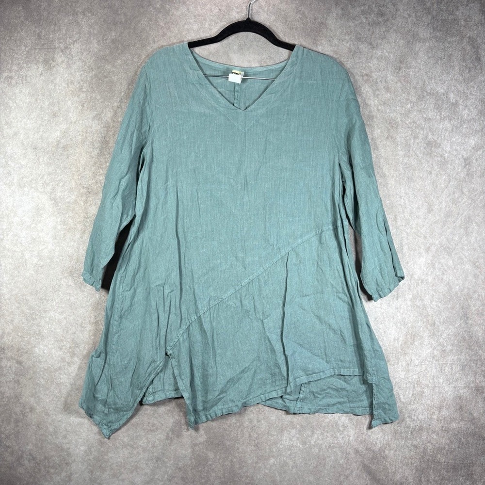 Camille & Co Tunic Women M Green Linen Asymmetrical Boho‎ Lagenlook V-Neck Top